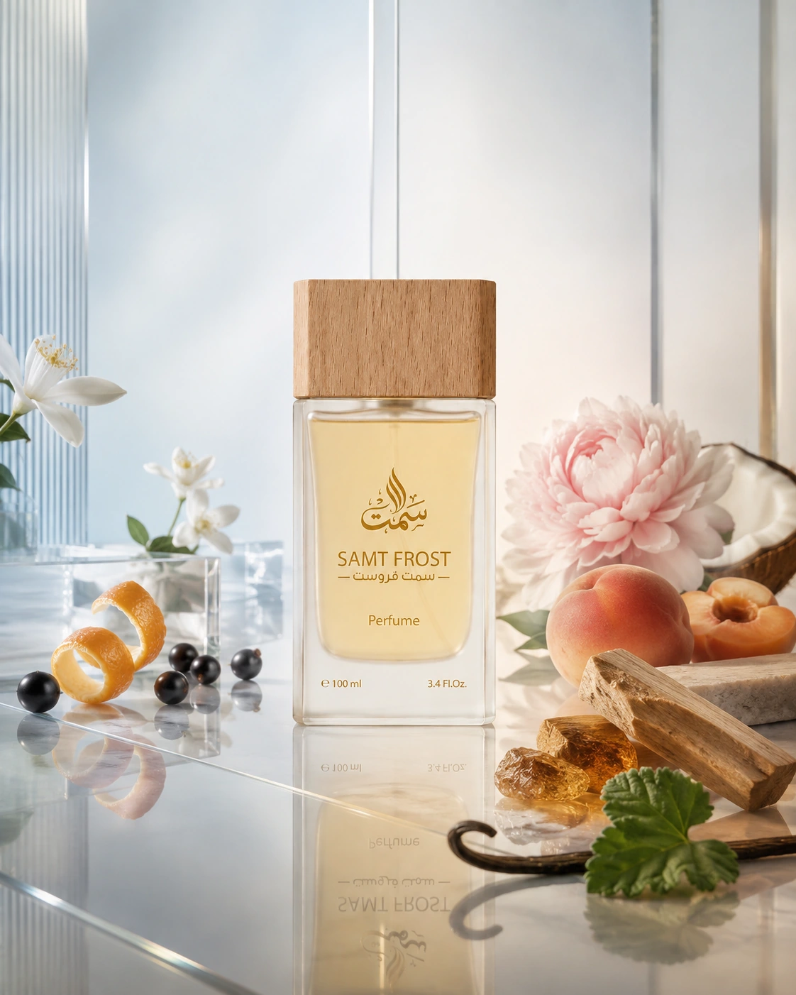 زجاجة سَمْت فروست بين مكونات العطر